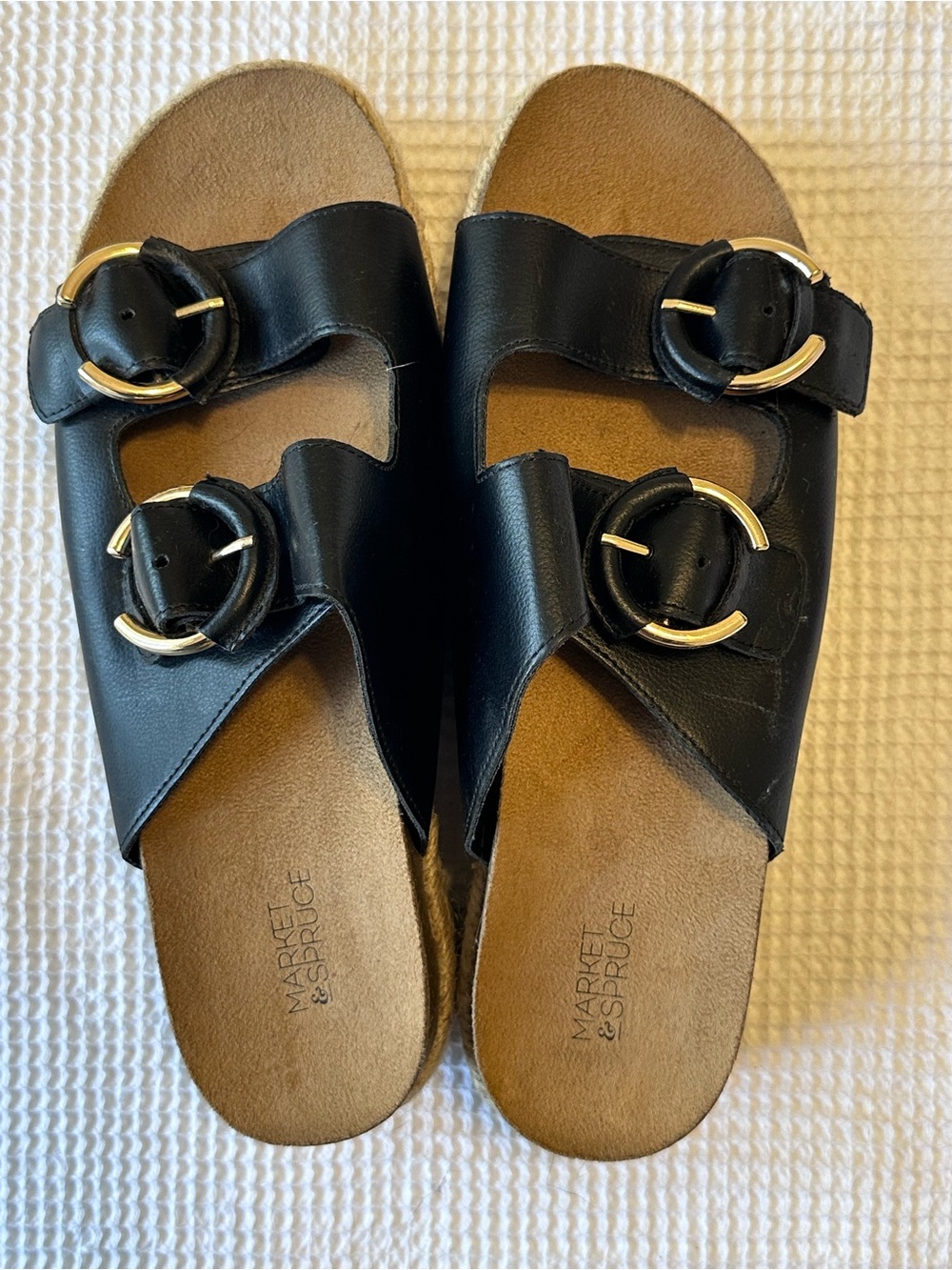 Market & Spruce Black Leather Slide Sandals with Gold Buckles